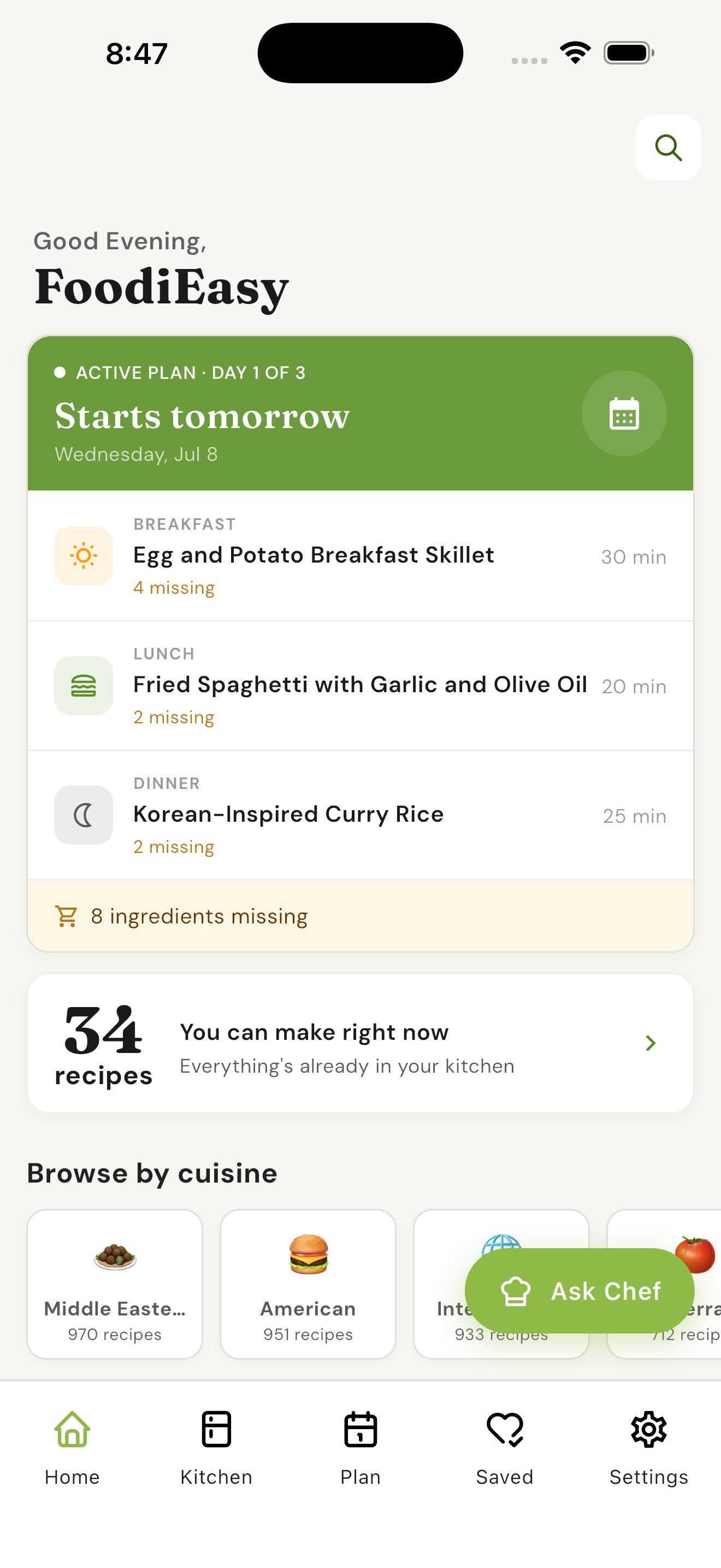 DoDish app home feed showing today's meal plan and recipe suggestions